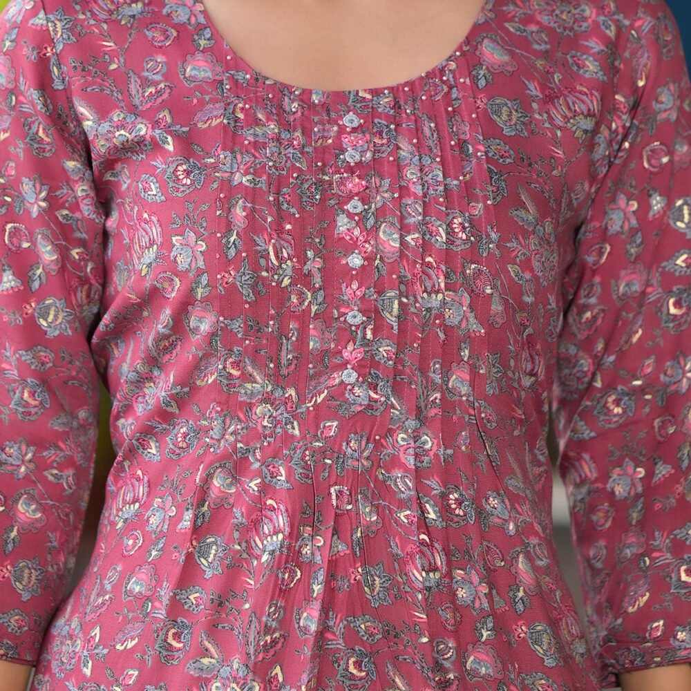 Pink Floral Printed Rayon Straight kurti - Image 4