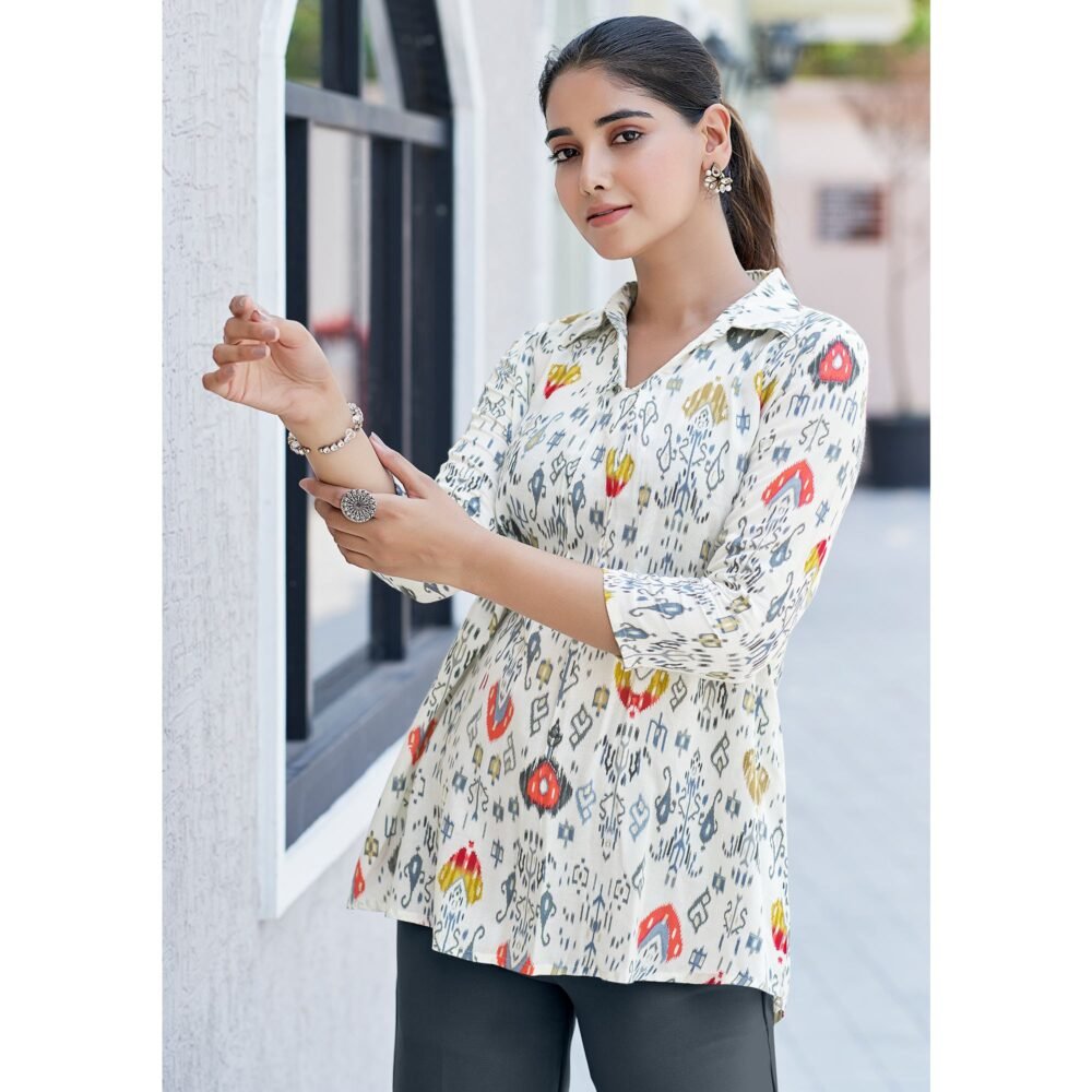 White & Red Printed Chanderi Silk A-Line Top - Image 3