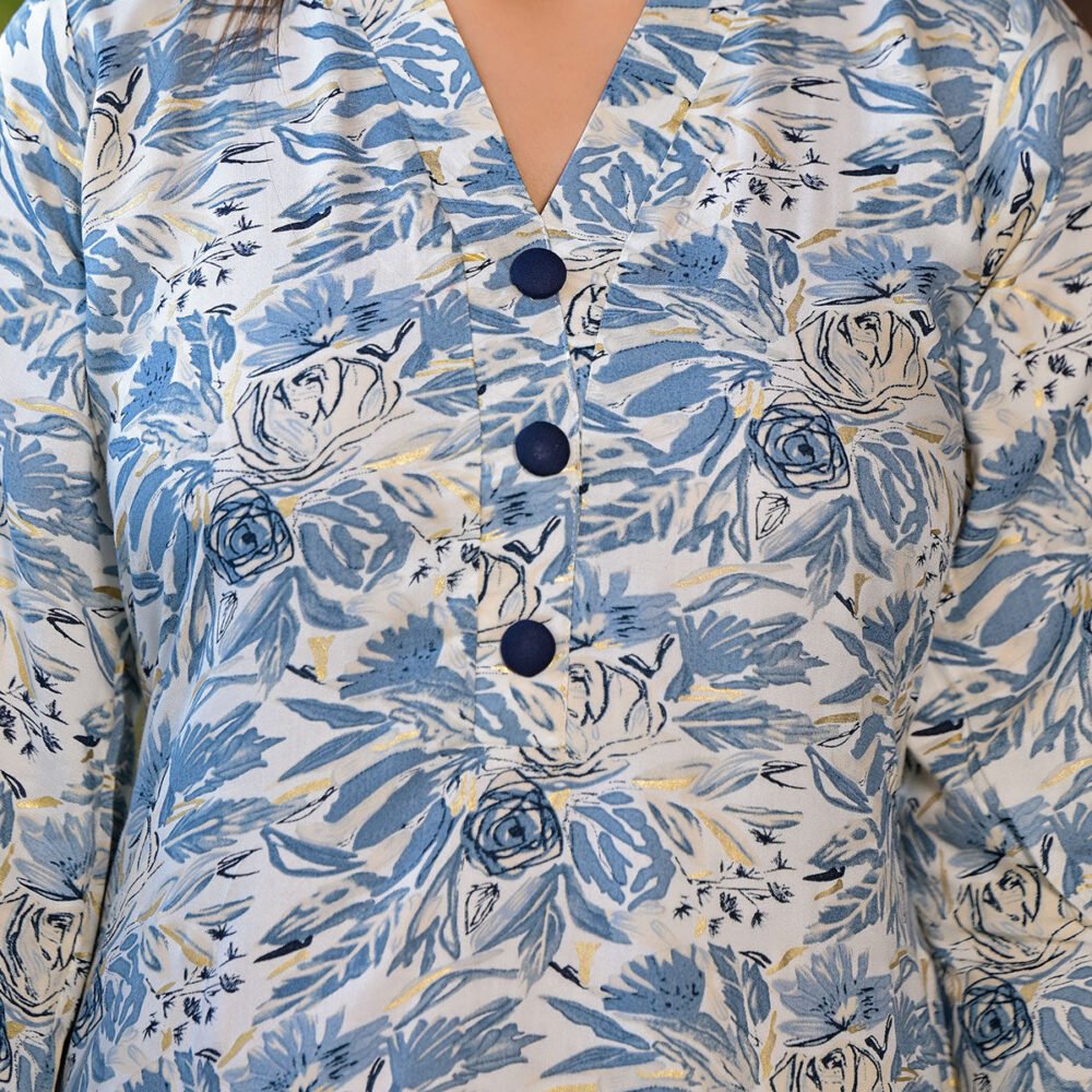 Blue Floral Printed Rayon Kurti - Image 3