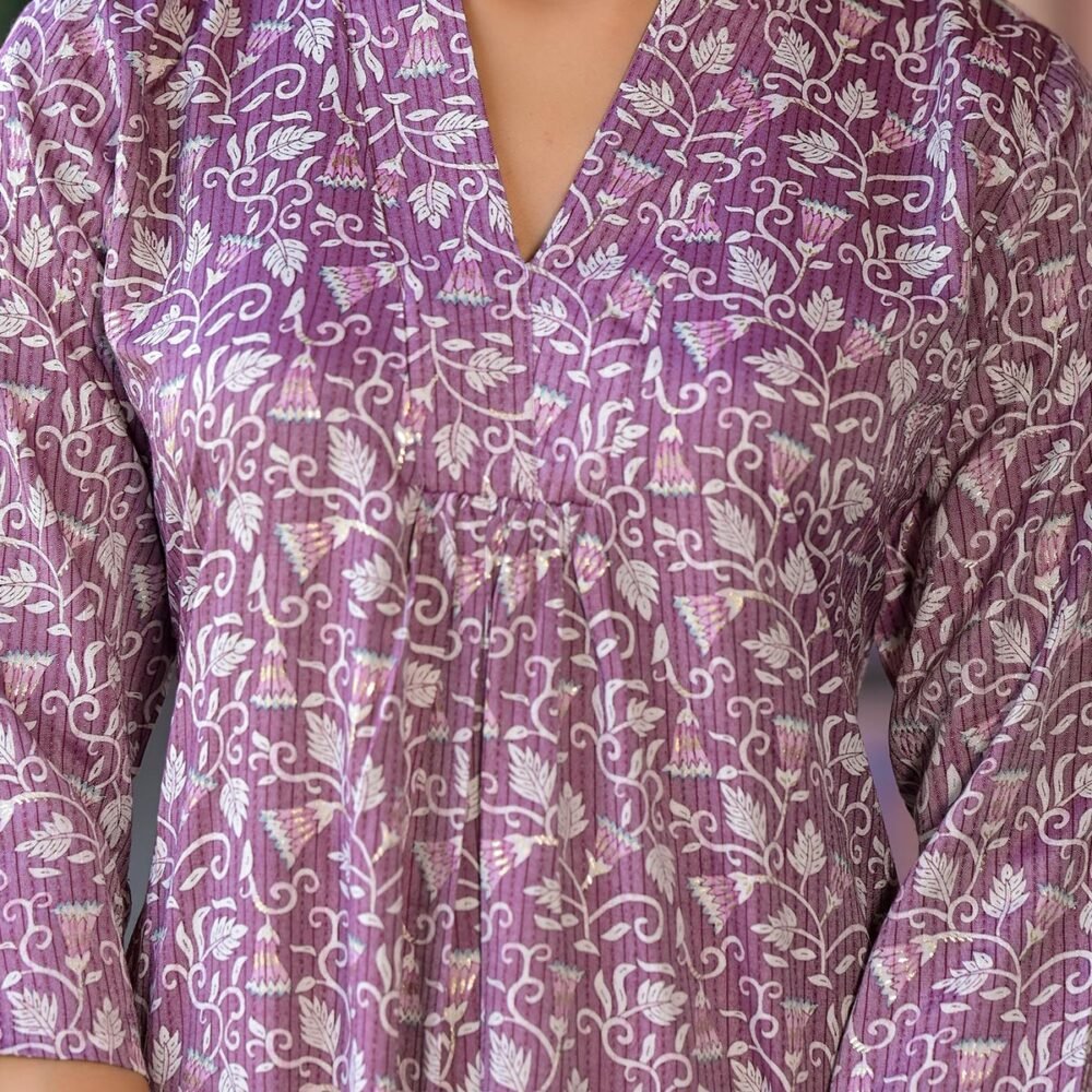 Purple Floral Printed Rayon A-line Kurti - Image 3