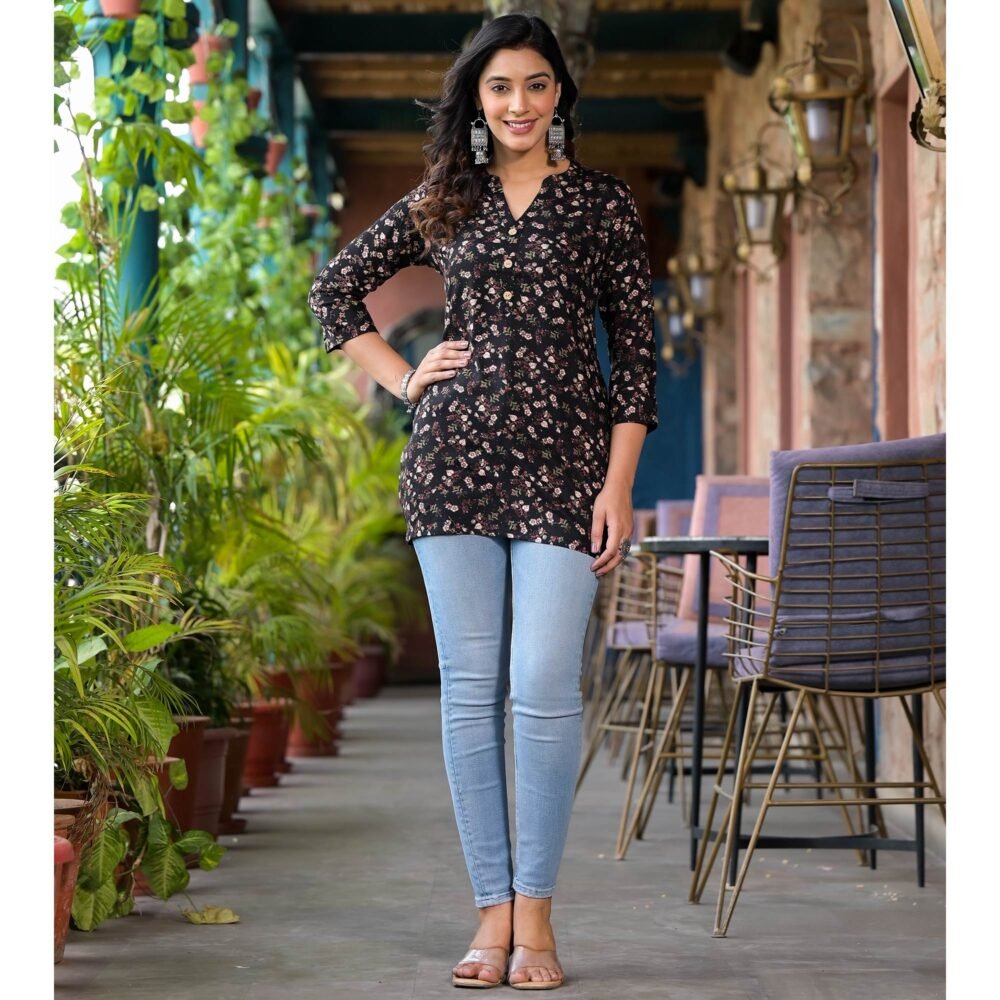 Black Floral Printed Rayon Straight Top - Image 4