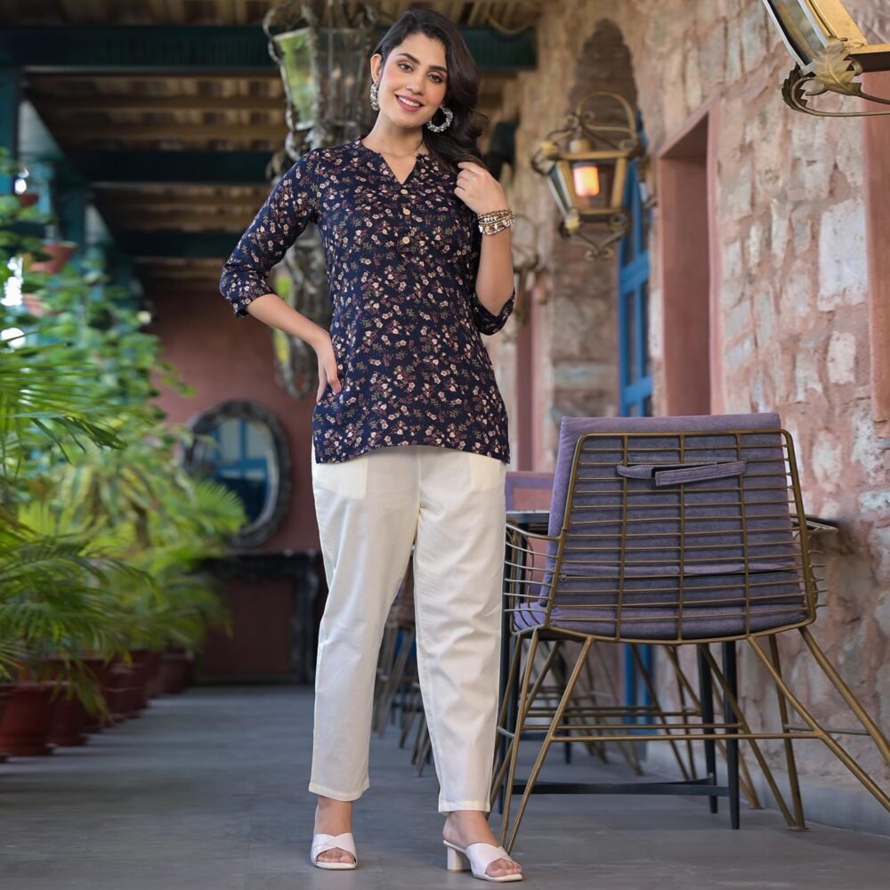 Blue Floral Printed Rayon Straight Top - Image 4