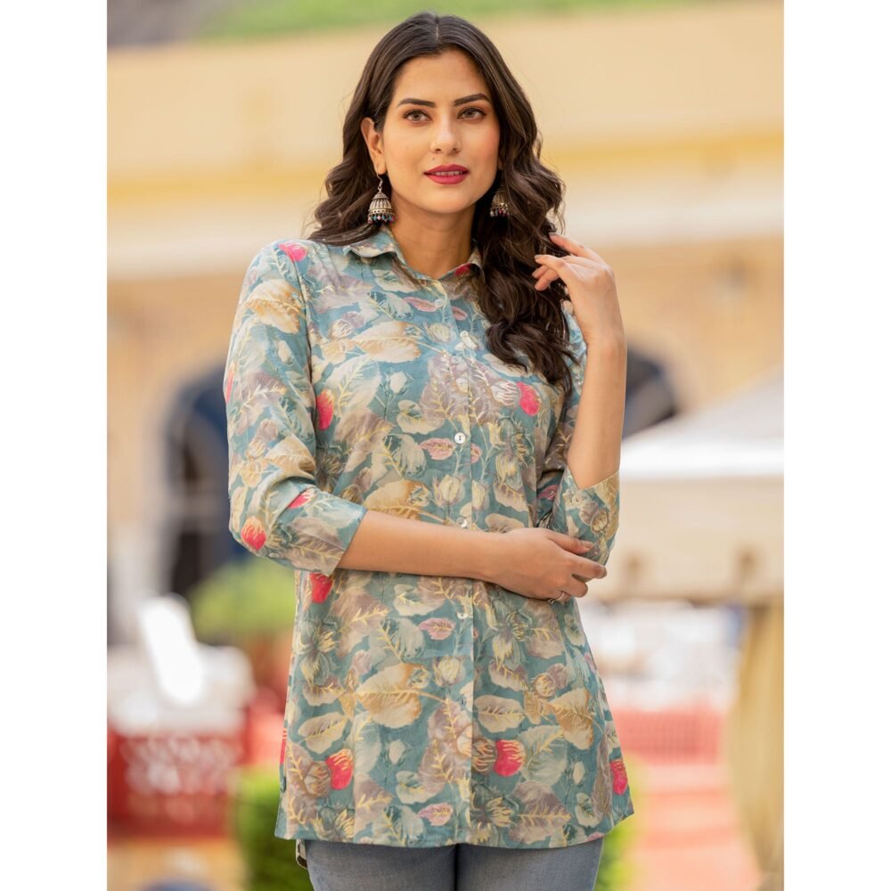 Blue Floral Printed Rayon Top - Image 3