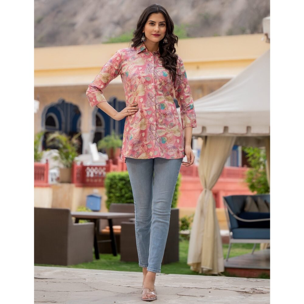 Pink Floral Printed Rayon Top - Image 3
