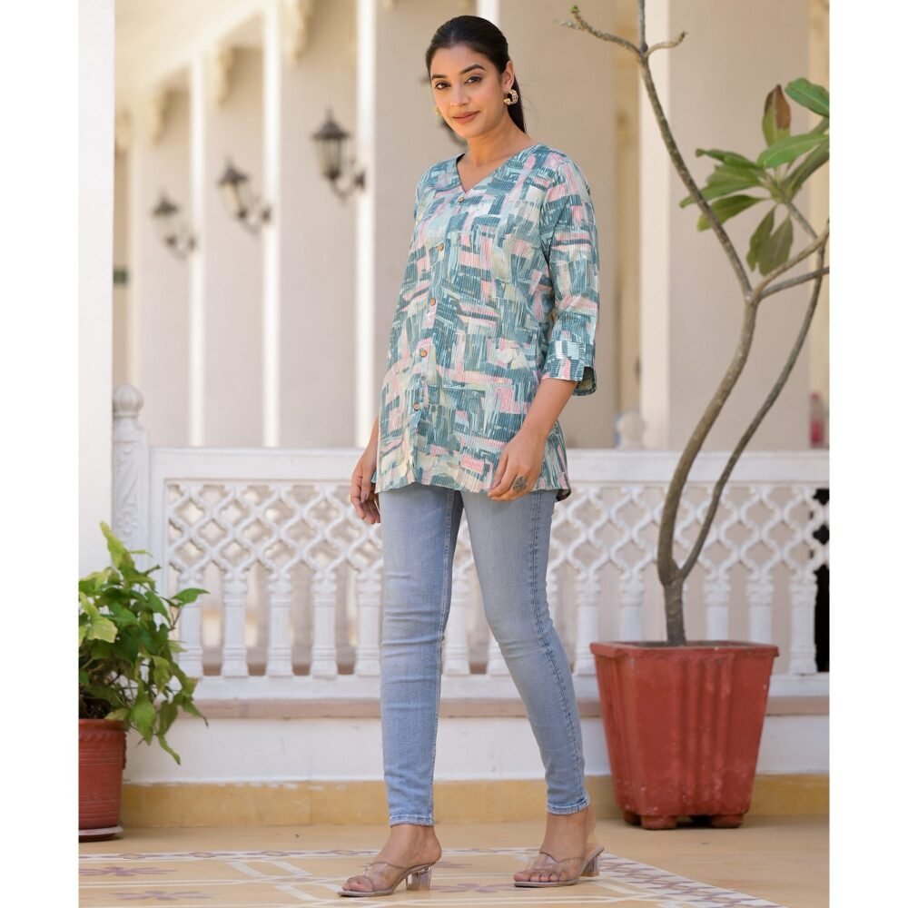 Blue Printed Rayon A-Line Top - Image 3