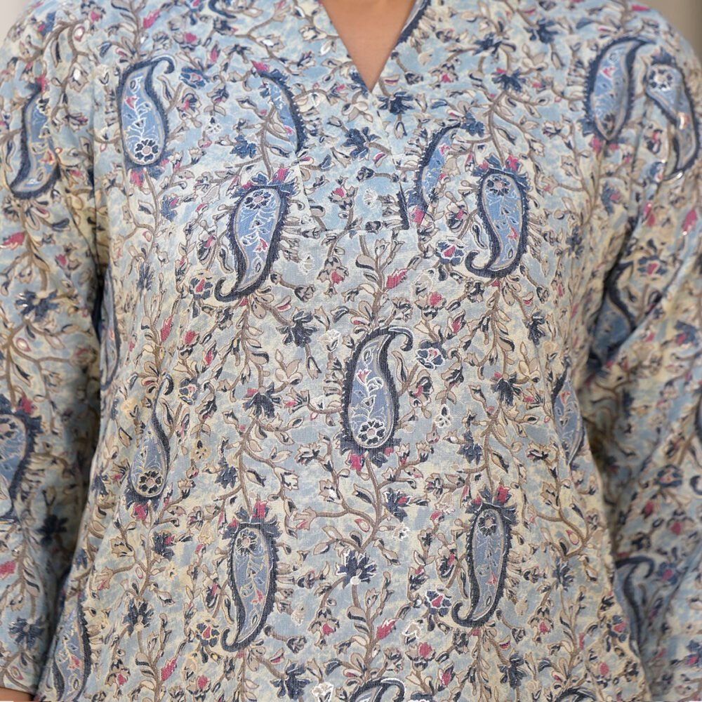 Blue Floral Printed Rayon Straight Kurti - Image 3