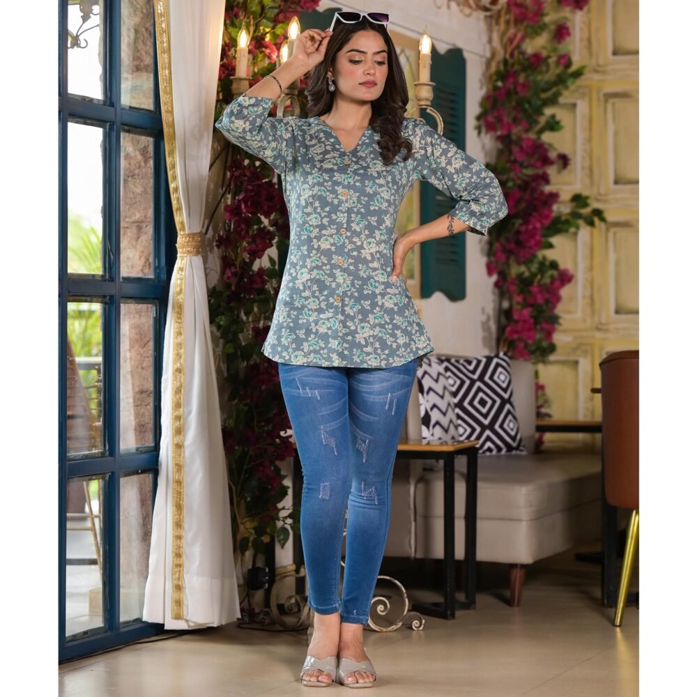 Grey Floral Printed Pure Cotton Top - Image 4