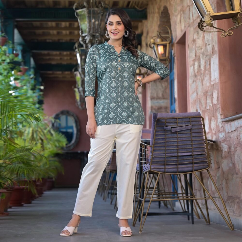 Sea Green Floral Printed Rayon Straight Top - Image 4