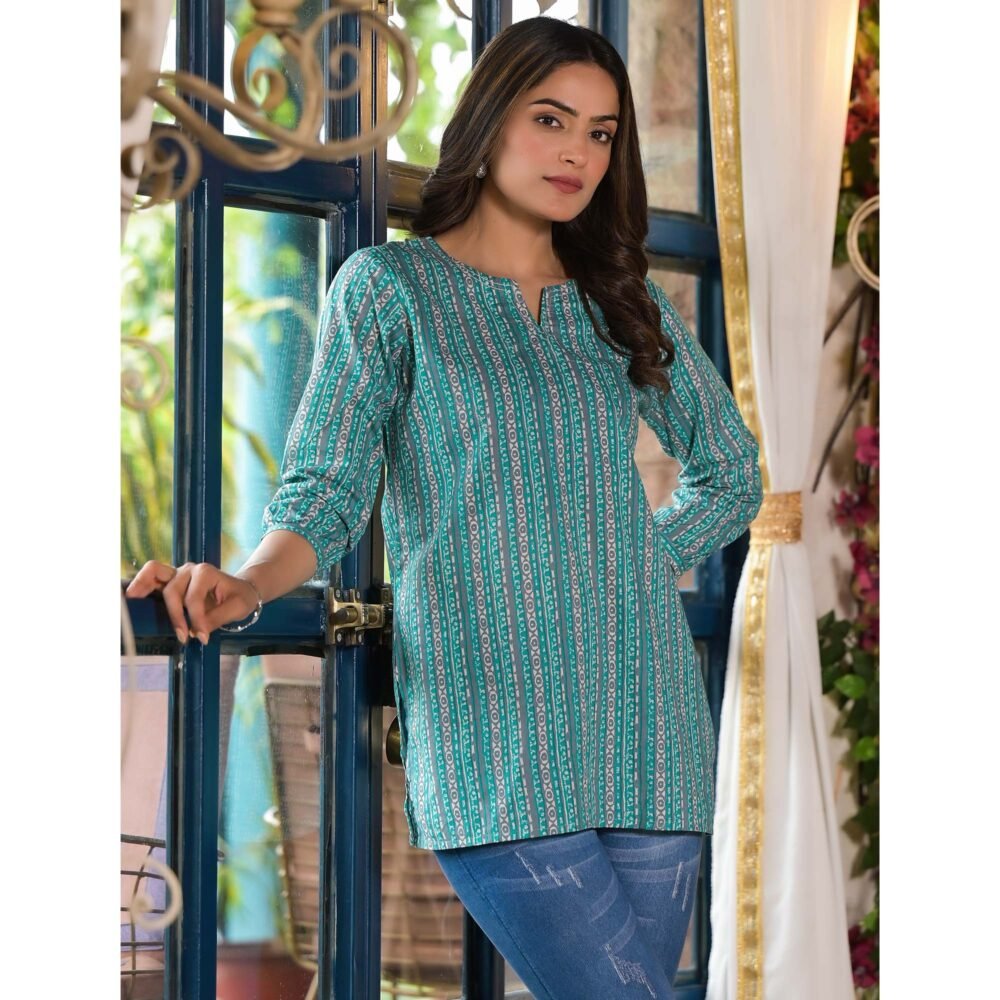 Turquoise Printed Pure Cotton Top - Image 4