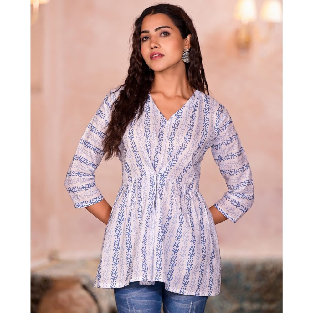 White & Blue Printed Pure Cotton A-Line Top - Image 3