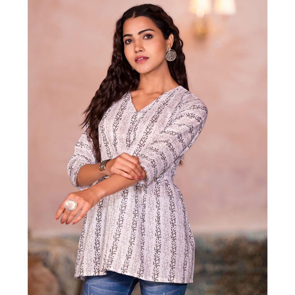White & Brown Printed Pure Cotton A-Line Top - Image 3