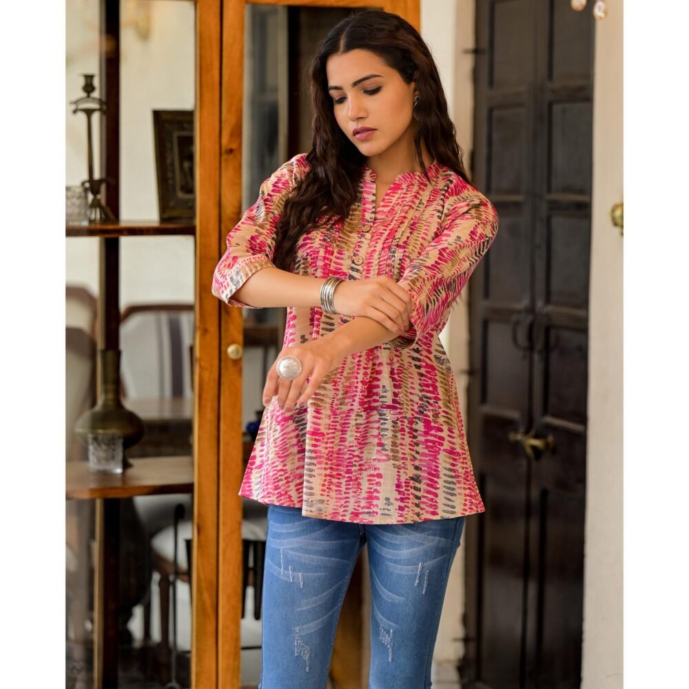 Rani Pink Foil Printed Pure Cotton A-Line Top - Image 3