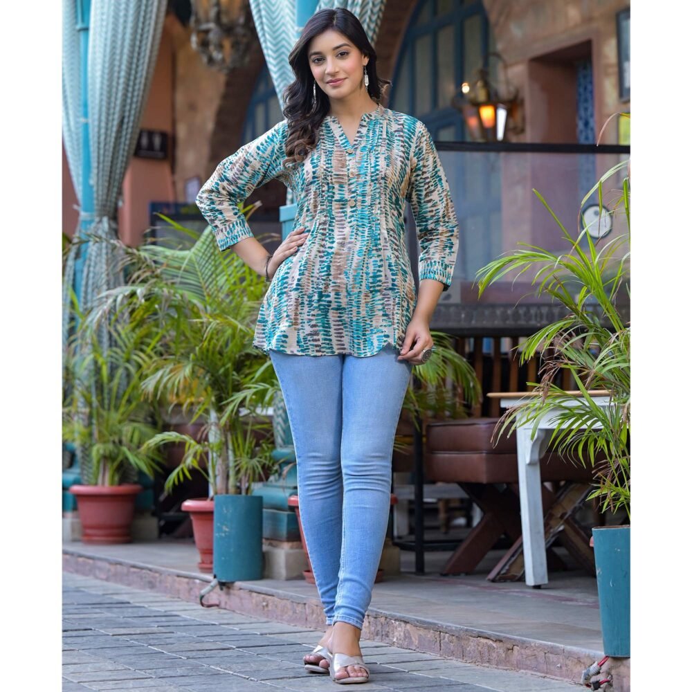 Turquoise Foil Printed Pure Cotton A-Line Top - Image 3