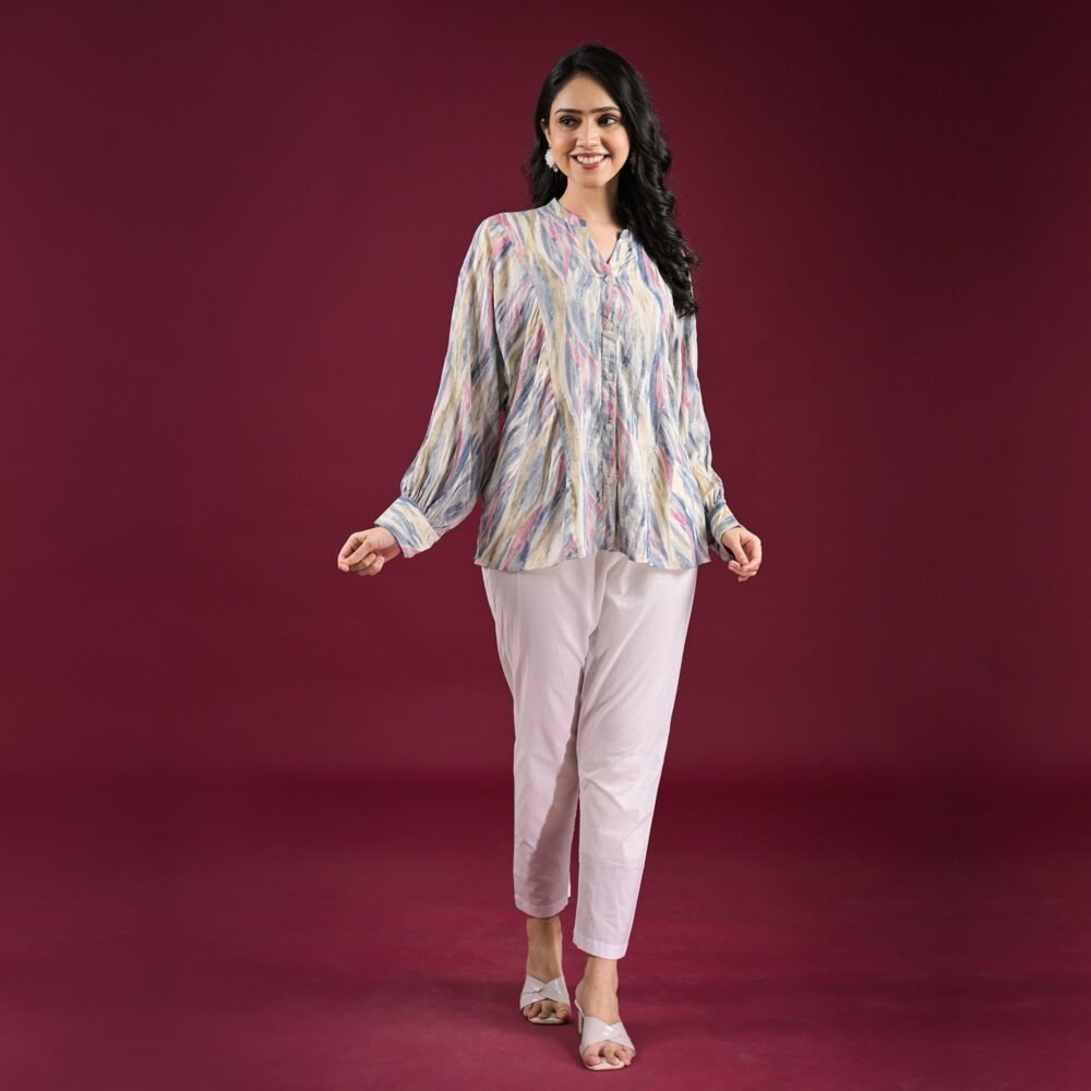 Blue Foil Printed Chanderi Silk A-Line Top - Image 3