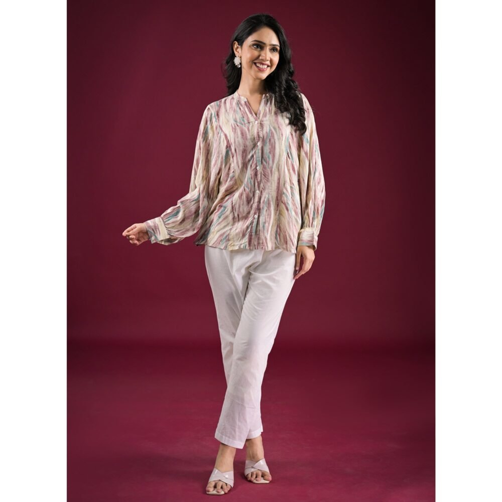 Turquoise Foil Printed Chanderi Silk A-Line Top - Image 3