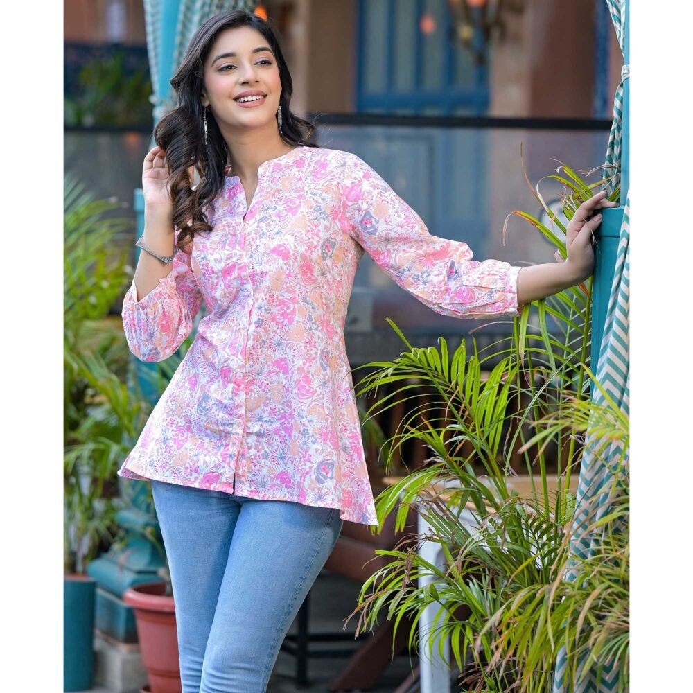 Pink Floral Printed Pure Cotton A-Line Top - Image 3