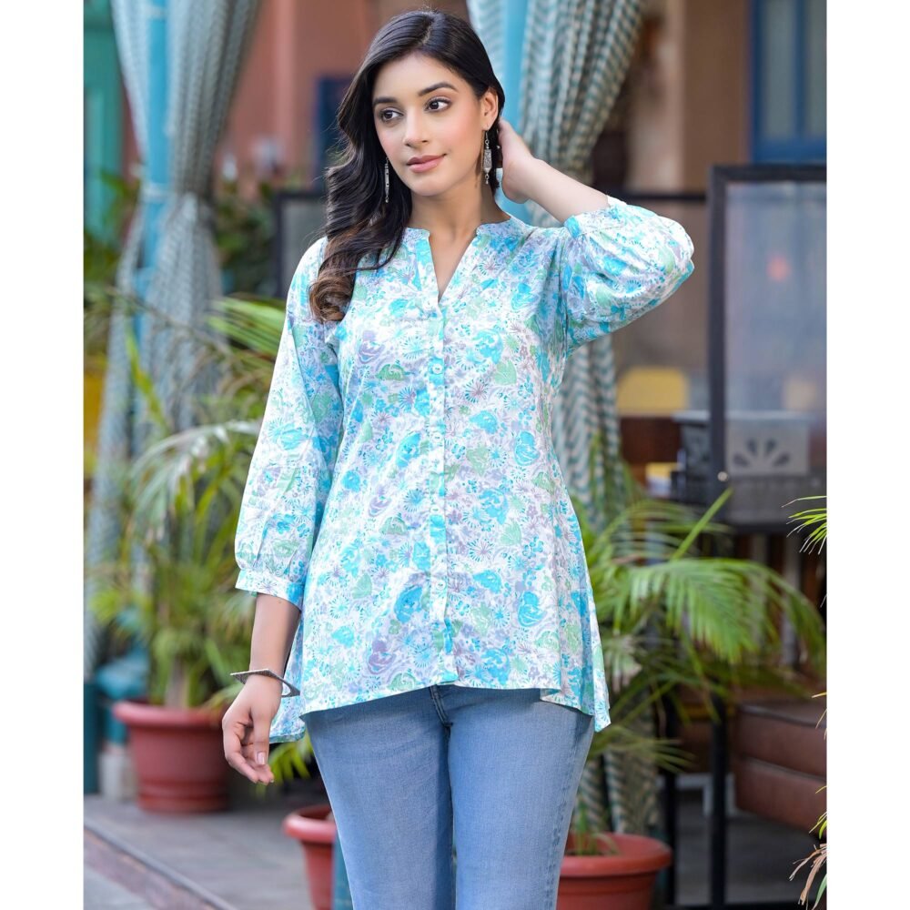 Sky Blue Floral Printed Pure Cotton A-Line Top - Image 3