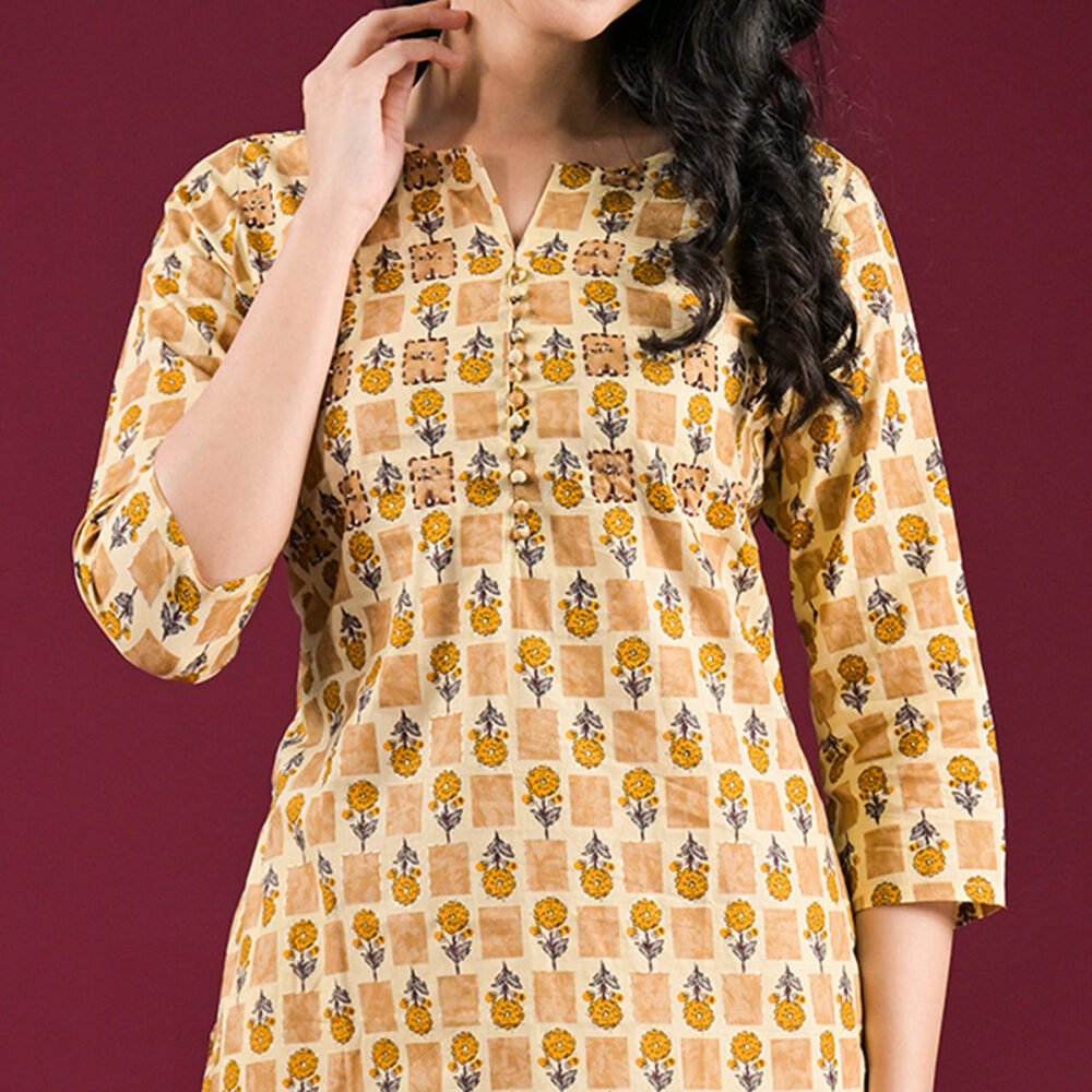 Mustard Floral Printed Pure Cotton Straight Kurti - Image 3
