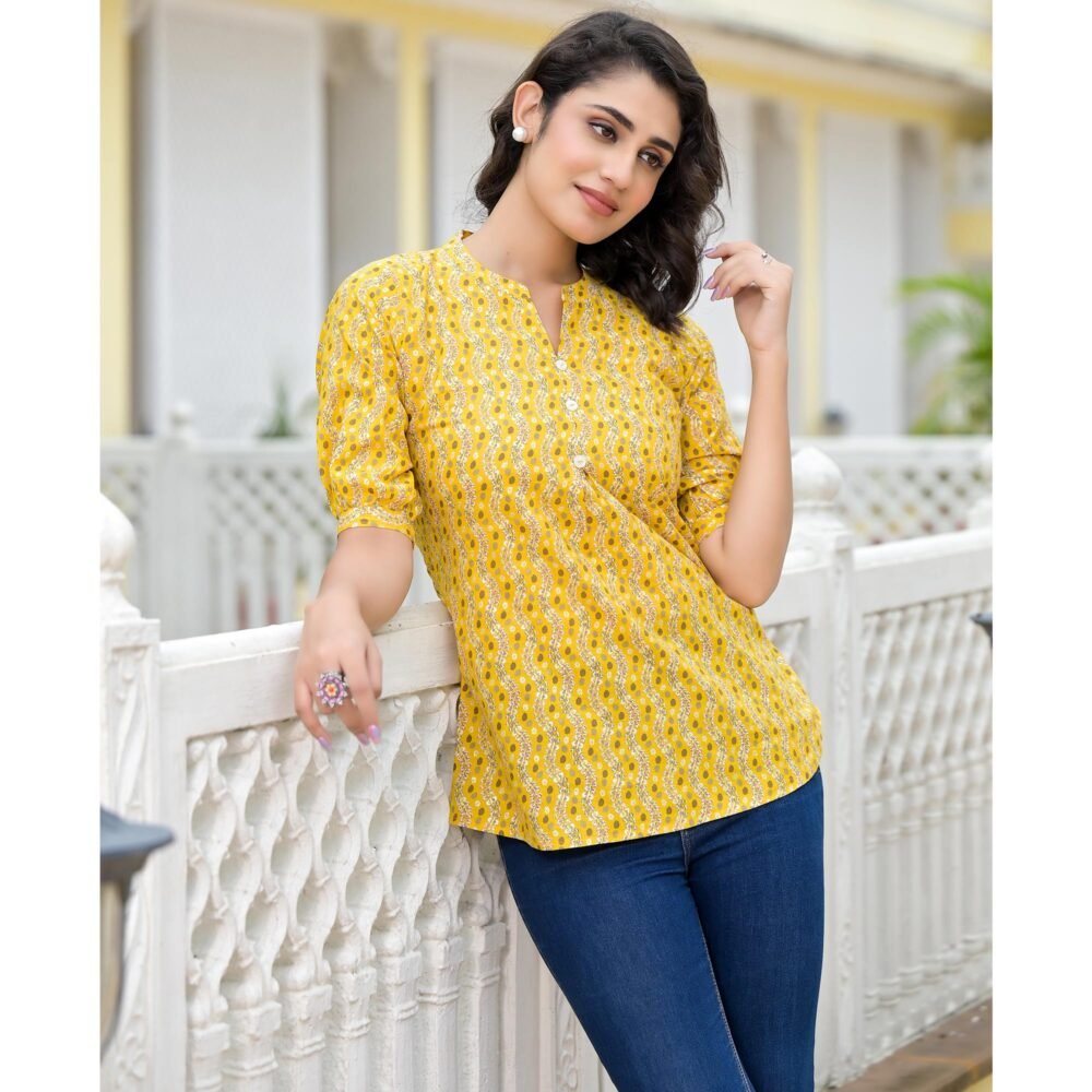 Yellow Foil Printed Pure Cotton A-Line Top - Image 3