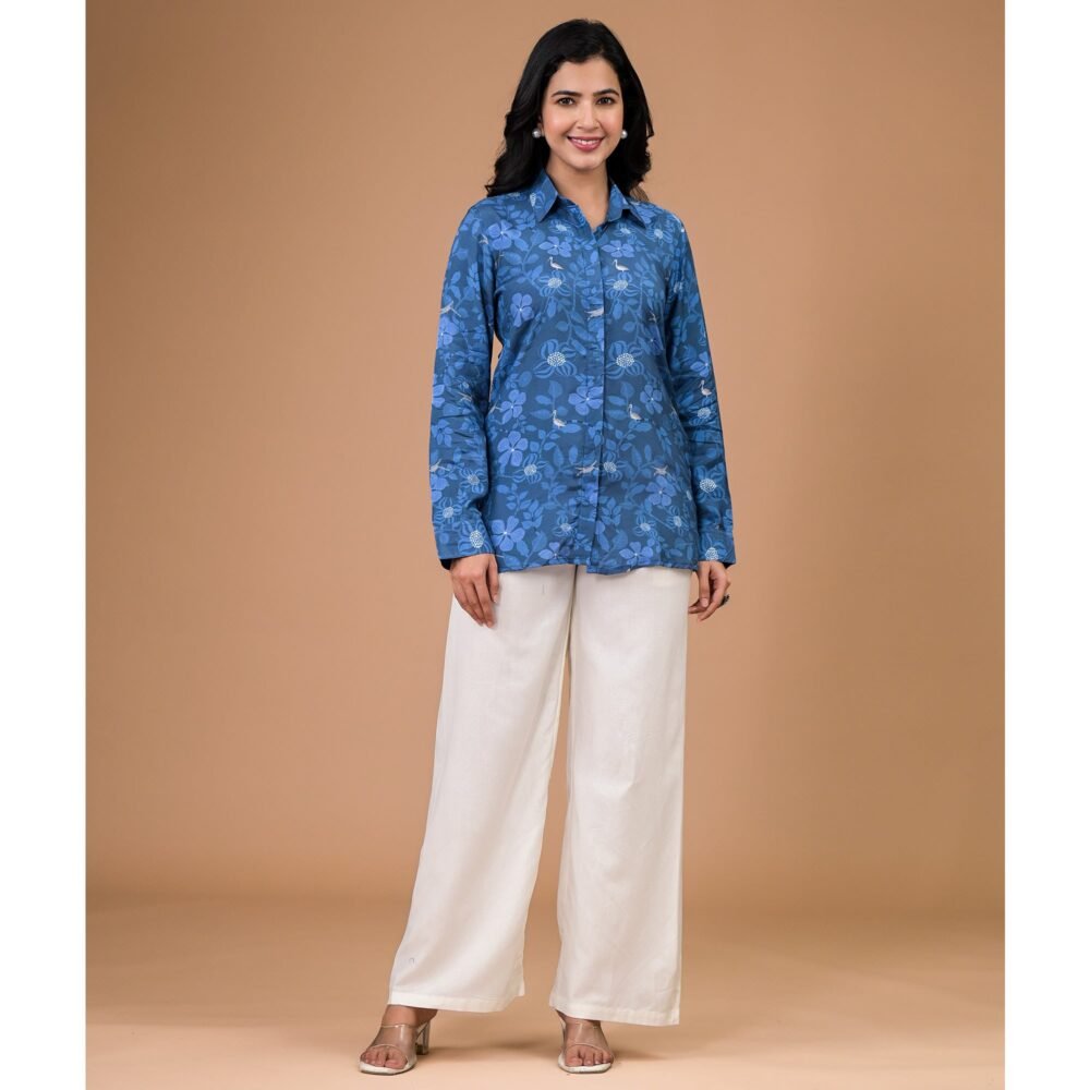 Blue Foil Printed Muslin Shirt - Image 3