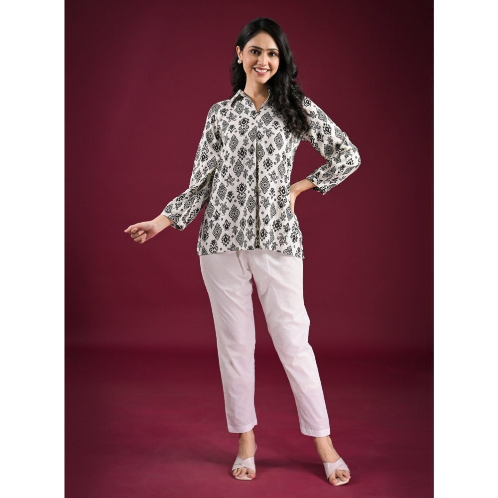 White & Black Floral Printed Rayon Top - Image 3