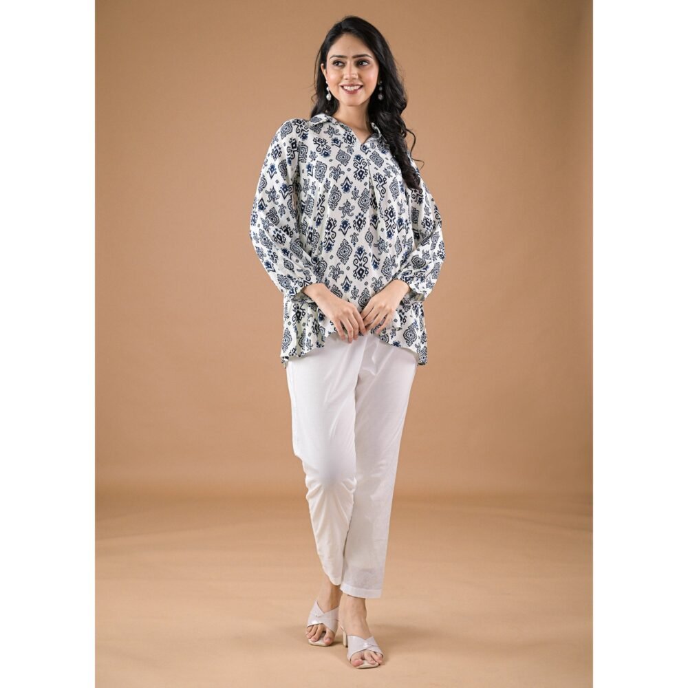 White & Blue Floral Printed Rayon Top - Image 3