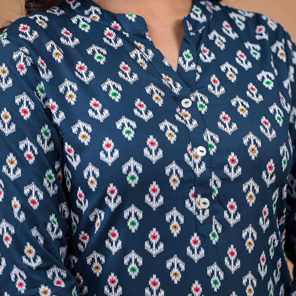 Navy Blue Rayon Printed Straight Kurti - Image 3