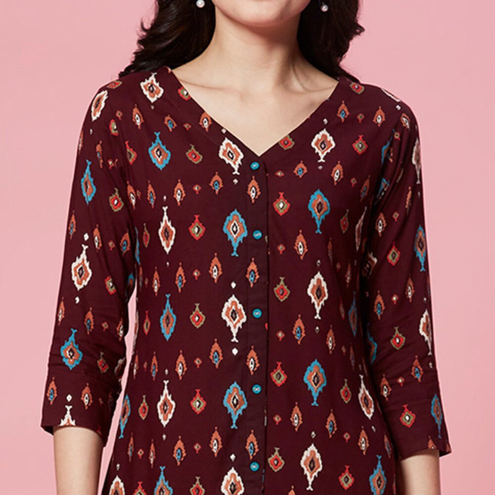 Maroon Ikkat Printed Rayon Straight Kurti - Image 3