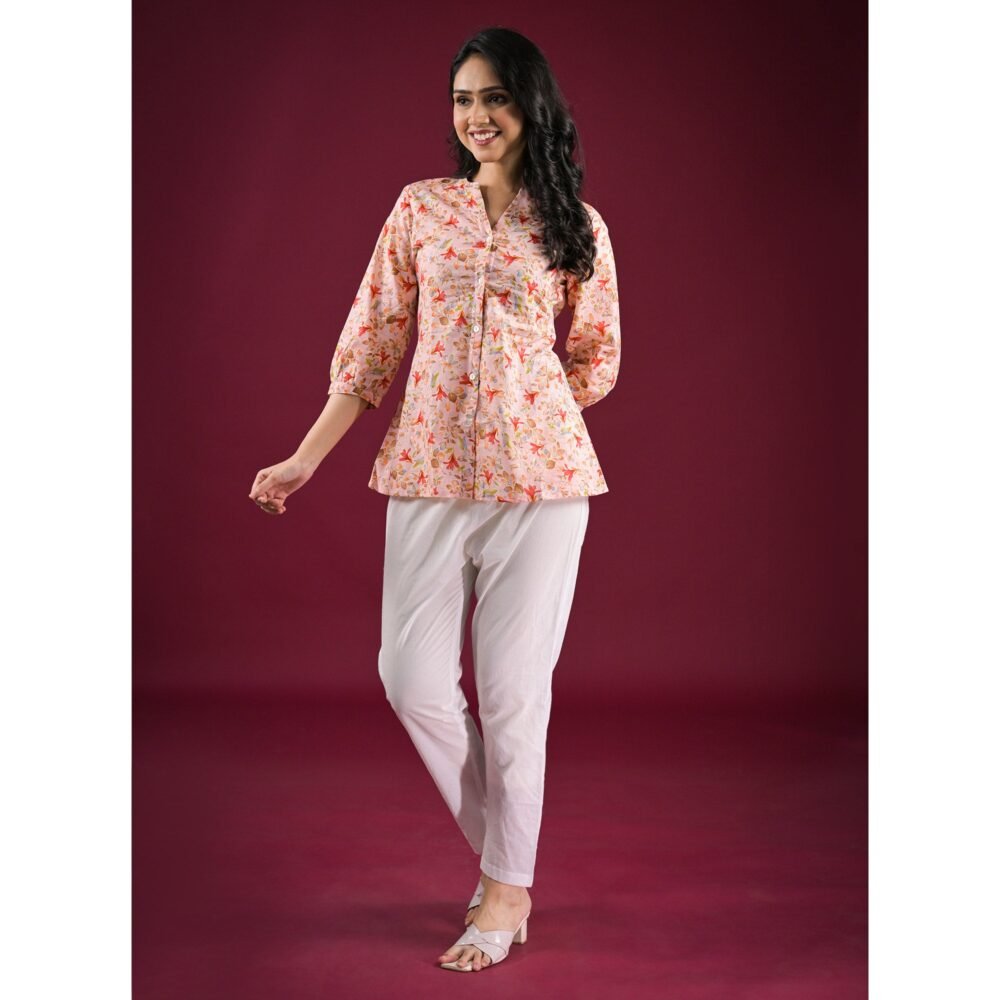 Peach Floral Printed Pure Cotton Top - Image 3