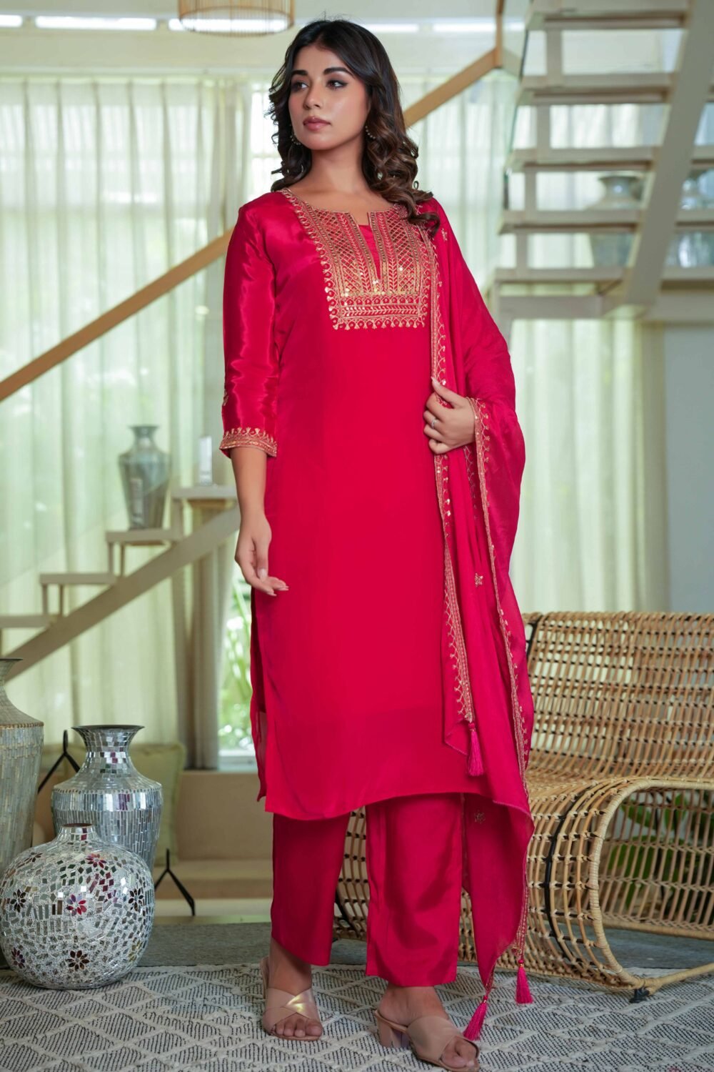 Glamorous Red Crepe Straight Suit with Intricate Sequin Embroidery - Image 3