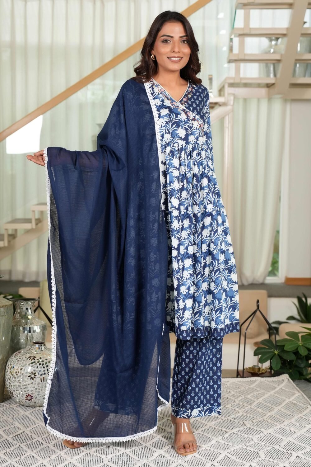 Dark Blue Anarkali Salwar Suit Featuring Floral Prints on Pure Cotton - Image 3