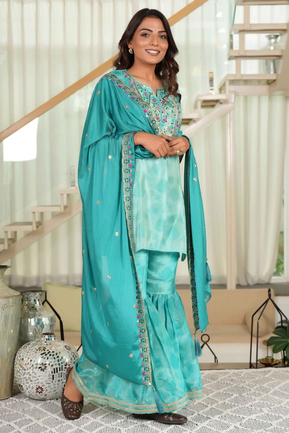 Turquoise Embroidered Organza Sharara Set with Delicate Floral Sequins - Image 3