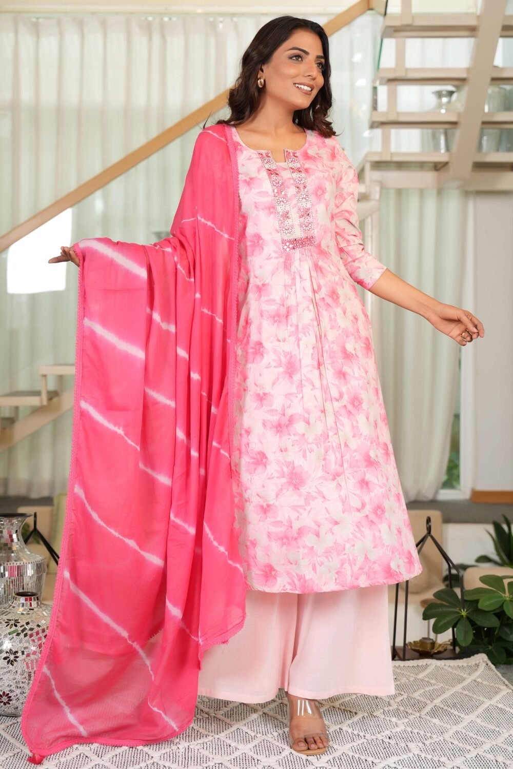 Feminine A-Line Salwar Suit in Soft Pink Pure Cotton with Delicate Floral Prints and Embroidery Highlights - Image 3