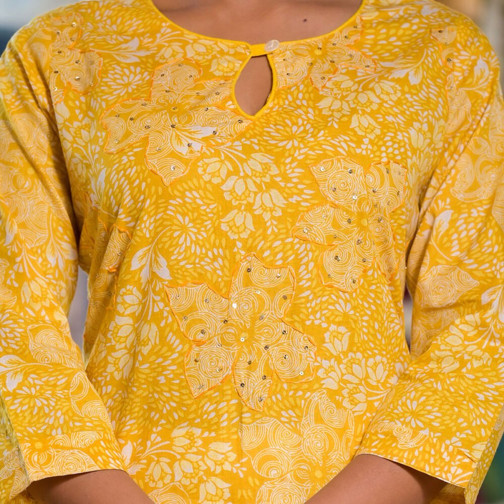 Yellow Floral Printed Pure Cotton Straight Kurti - Image 3