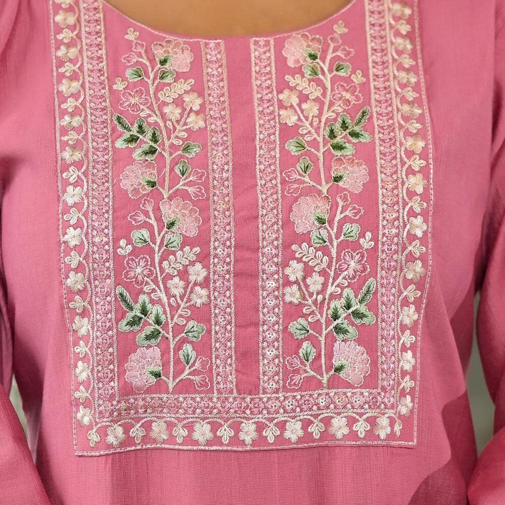 Pink Yoke Embroidered Viscose Straight Kurti - Image 3