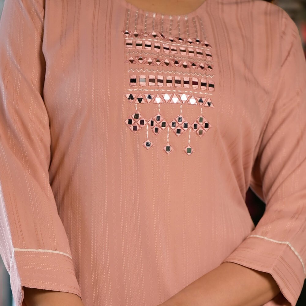 Peach Striped Embroidered Rayon Straight Kurti - Image 3