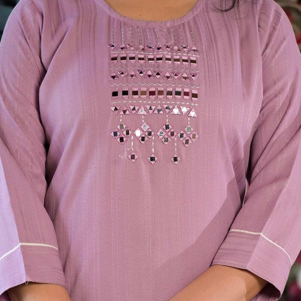 Purple Striped Embroidered Rayon Straight Kurti - Image 3