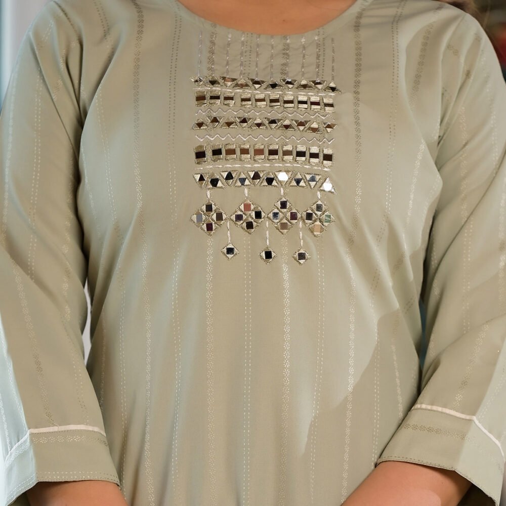 Sea Green Striped Embroidered Rayon Straight Kurti - Image 3