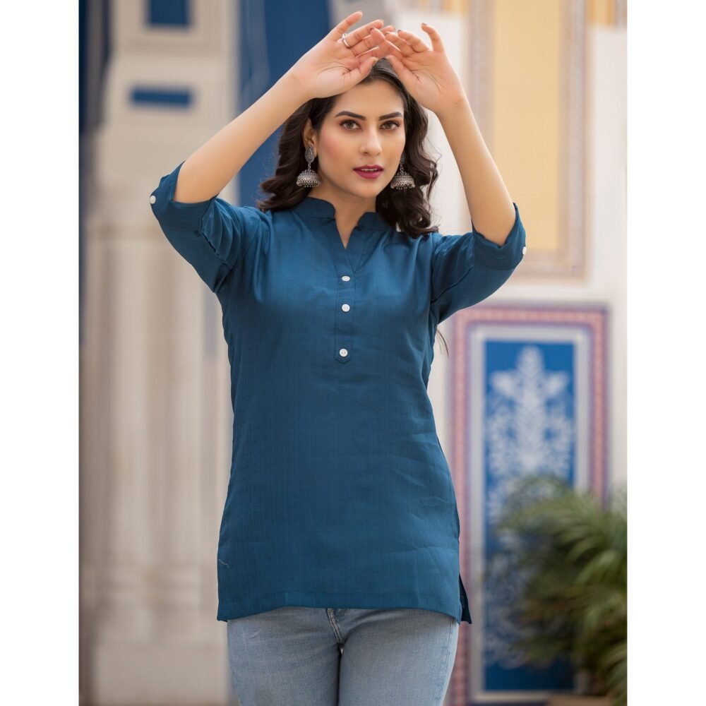 Blue Solid Cotton Silk Straight Top - Image 3