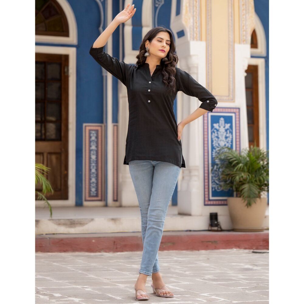 Black Solid Cotton Silk Straight Top - Image 3
