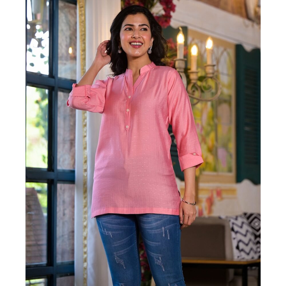 Pink Solid Cotton Silk Straight Top - Image 4