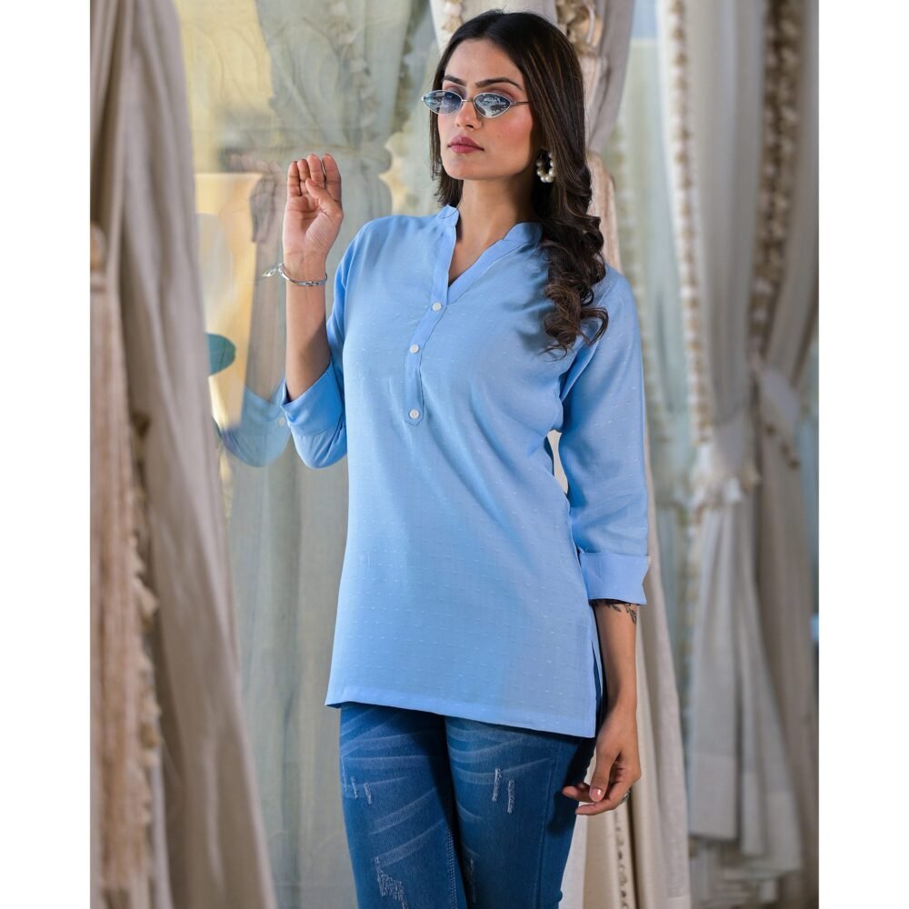 Sky Blue Solid Cotton Silk Straight Top - Image 4