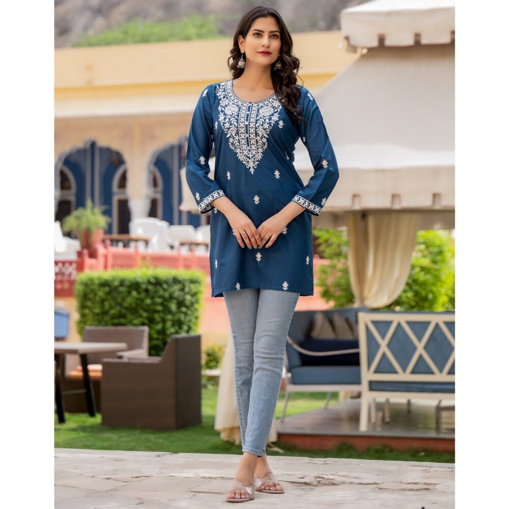 Blue Embroidered Rayon Straight Top - Image 3