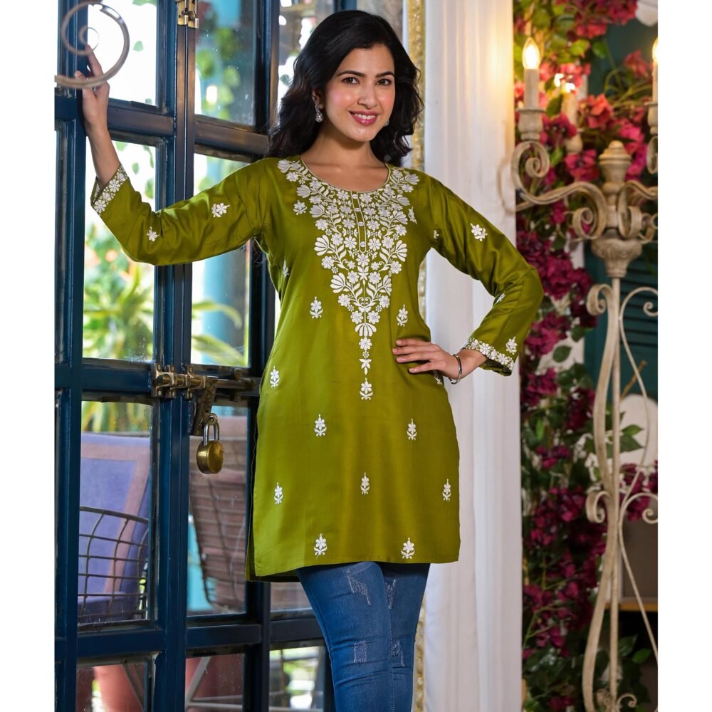 Green Embroidered Rayon Straight Top - Image 4