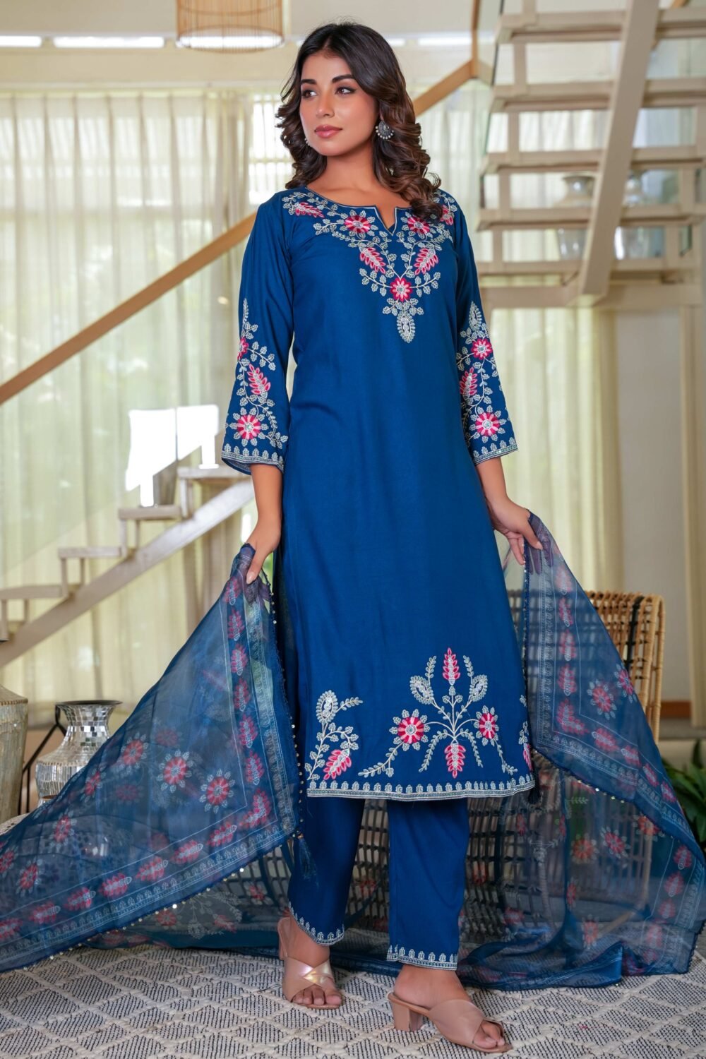Navy Blue Heavy Viscose Rayon Straight Suit with Delicate Floral Embroidery for Graceful Style - Image 3