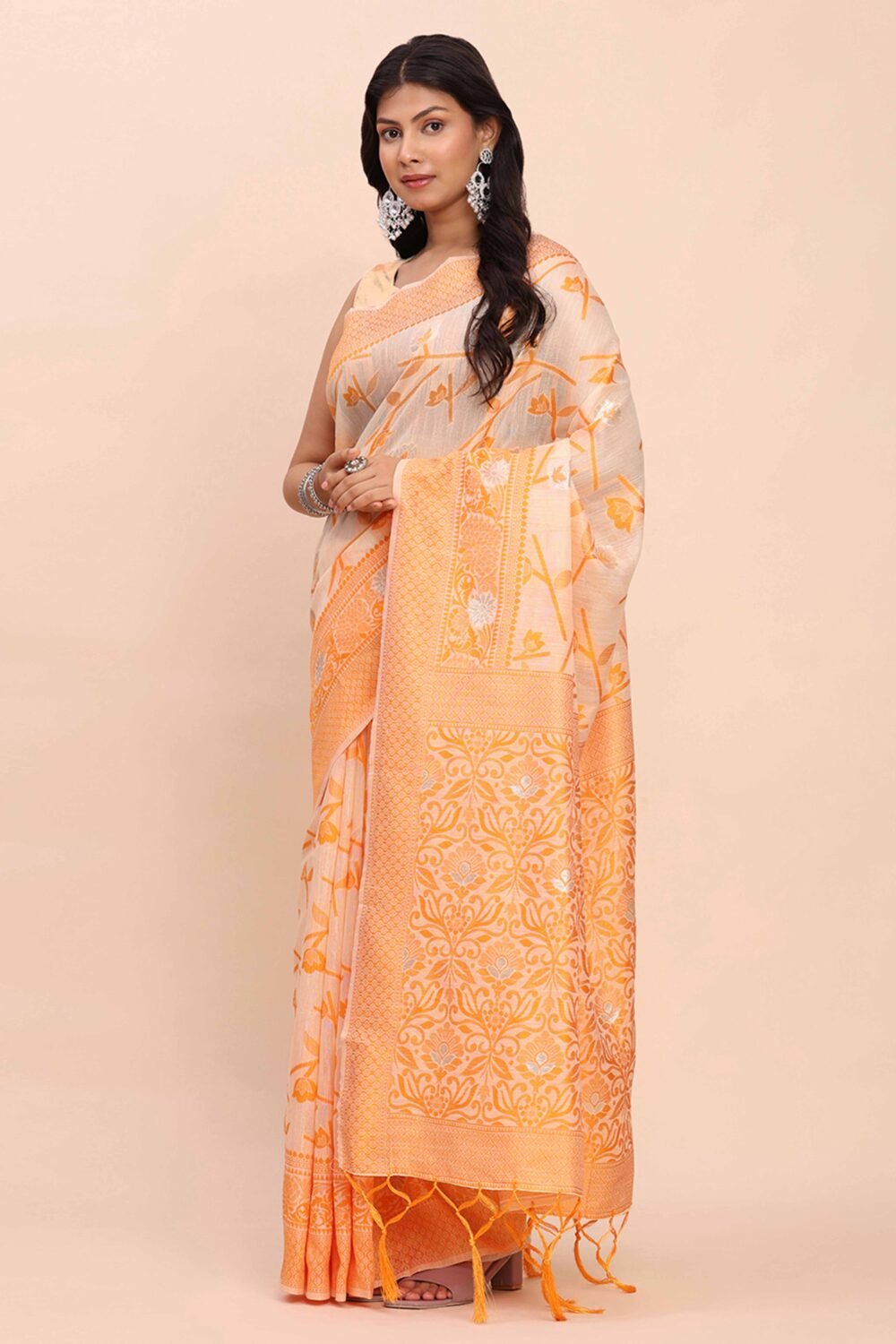 Orange Floral Linen Cotton Saree Accented With Zari Weaving & Tassel Pallu Elegance - Image 3