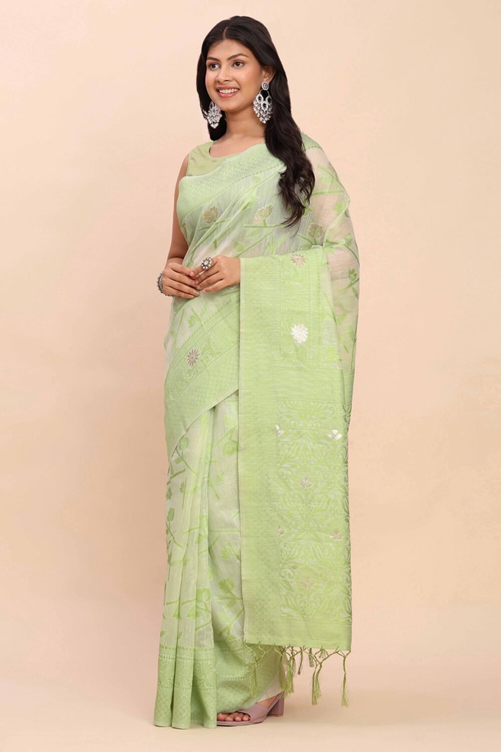 Light Green Floral Linen Cotton Saree Accented With Zari Weaving & Tassel Pallu Elegance - Image 3