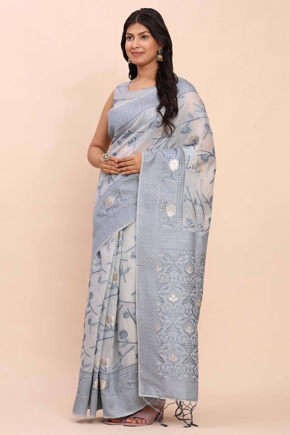 Grey Floral Linen Cotton Saree Accented With Zari Weaving & Tassel Pallu Elegance - Image 3