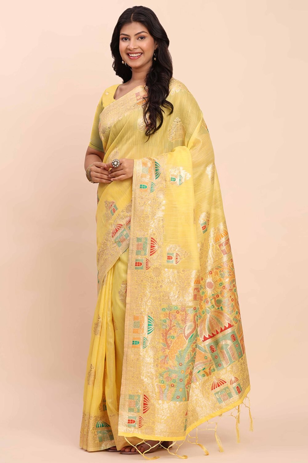 Yellow Bloom Zari Woven Linen Cotton Saree Adorned With Floral Motifs & A Tassel Finish - Image 3