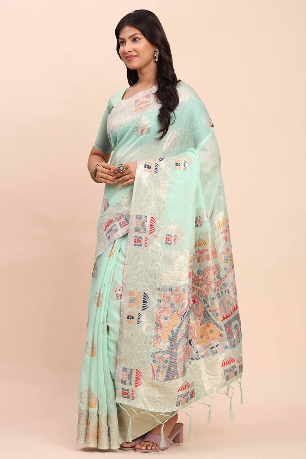 Sea Green Bloom Zari Woven Linen Cotton Saree Adorned With Floral Motifs & A Tassel Finish - Image 3